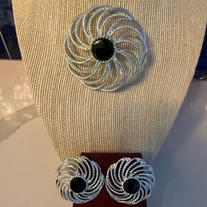 Sarah Coventry Silver and Black Brooch and earrings Set